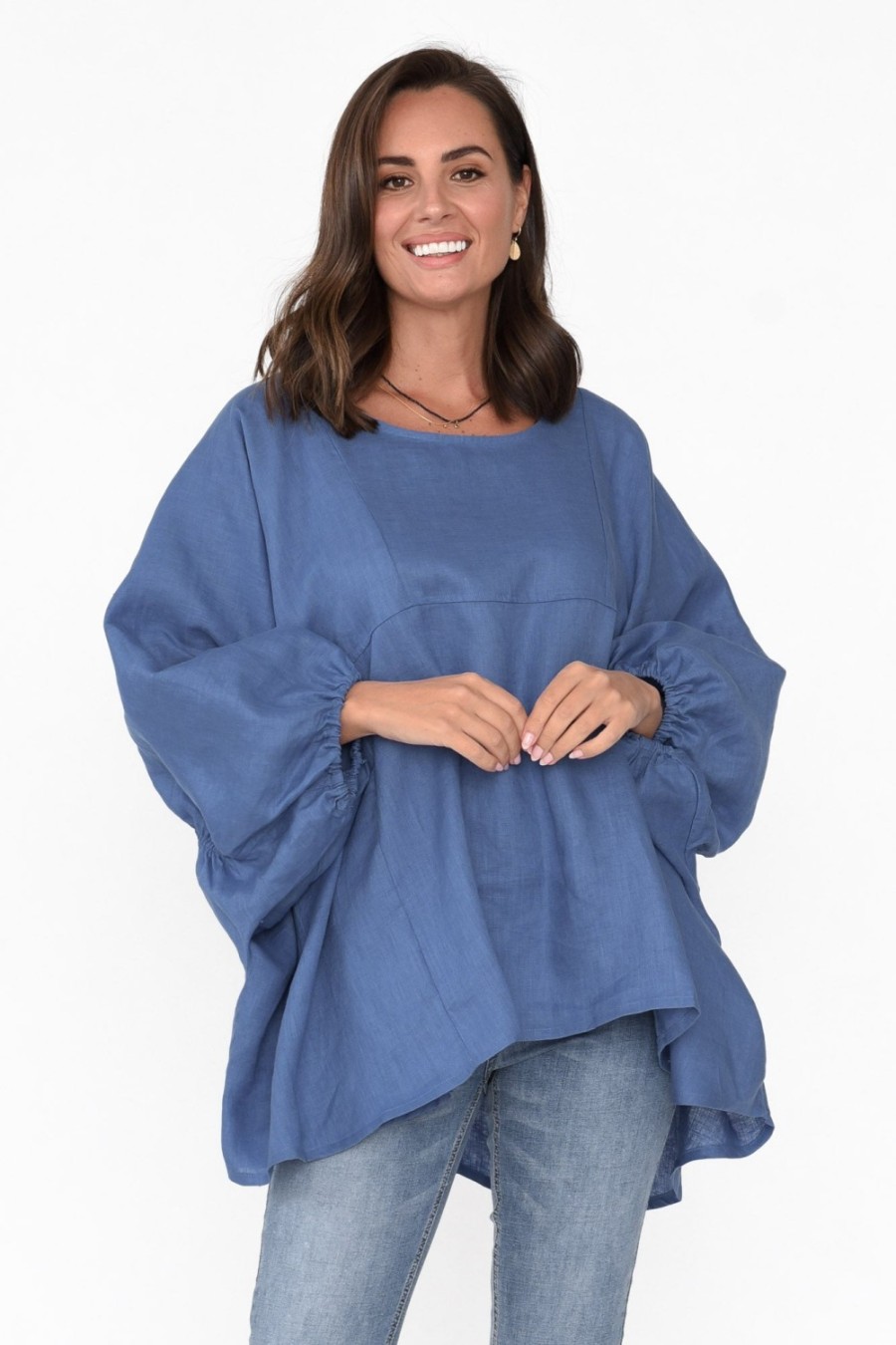 Clothing Tirelli Cotton Tops | Darla Blue Gathered Sleeve Linen Top