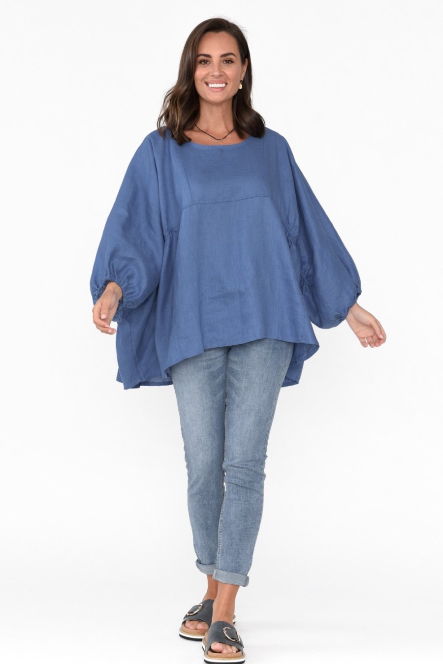 Clothing Tirelli Cotton Tops | Darla Blue Gathered Sleeve Linen Top