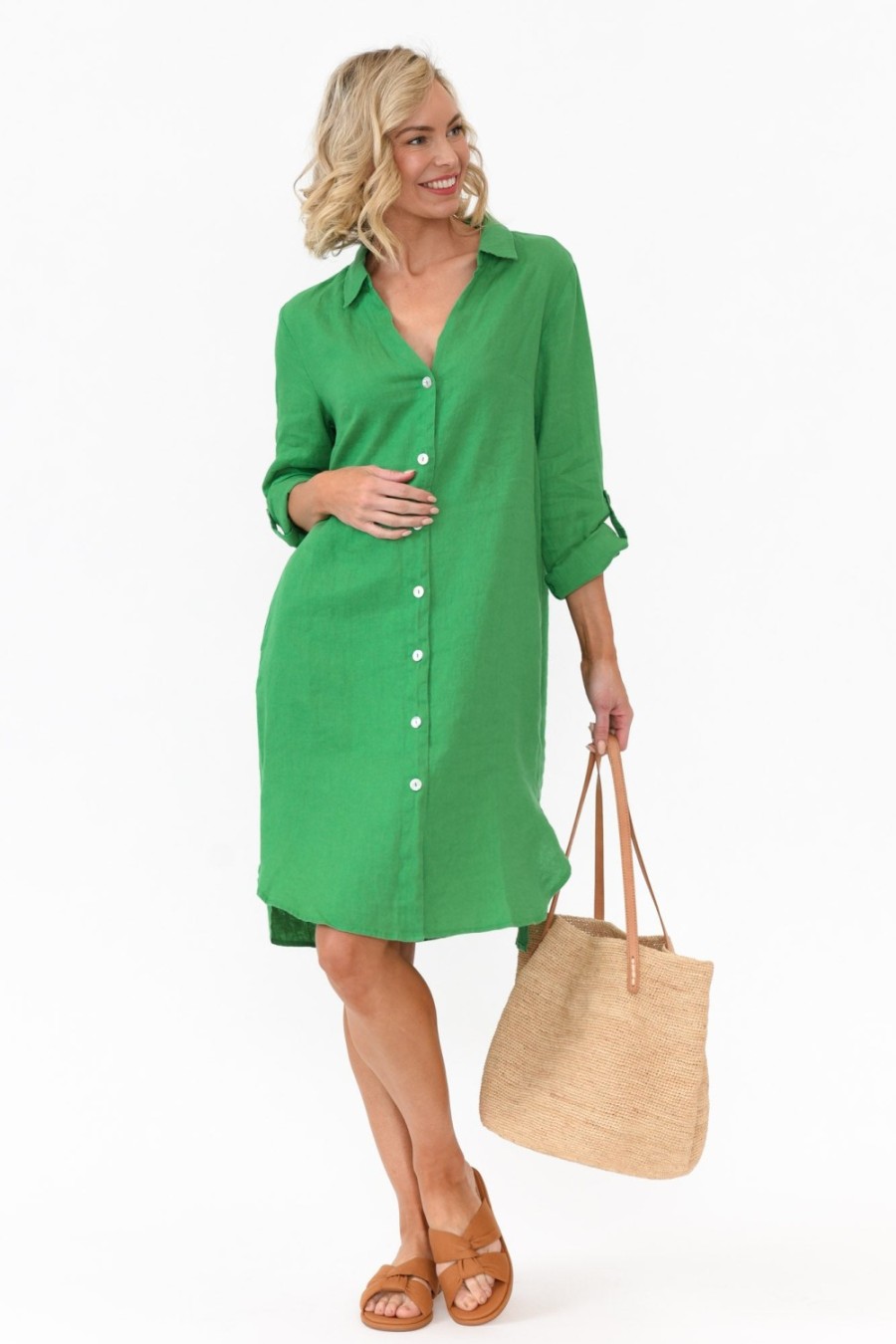 Clothing Gordon Smith Linen Dresses | Dakota Green Linen Shirt Dress