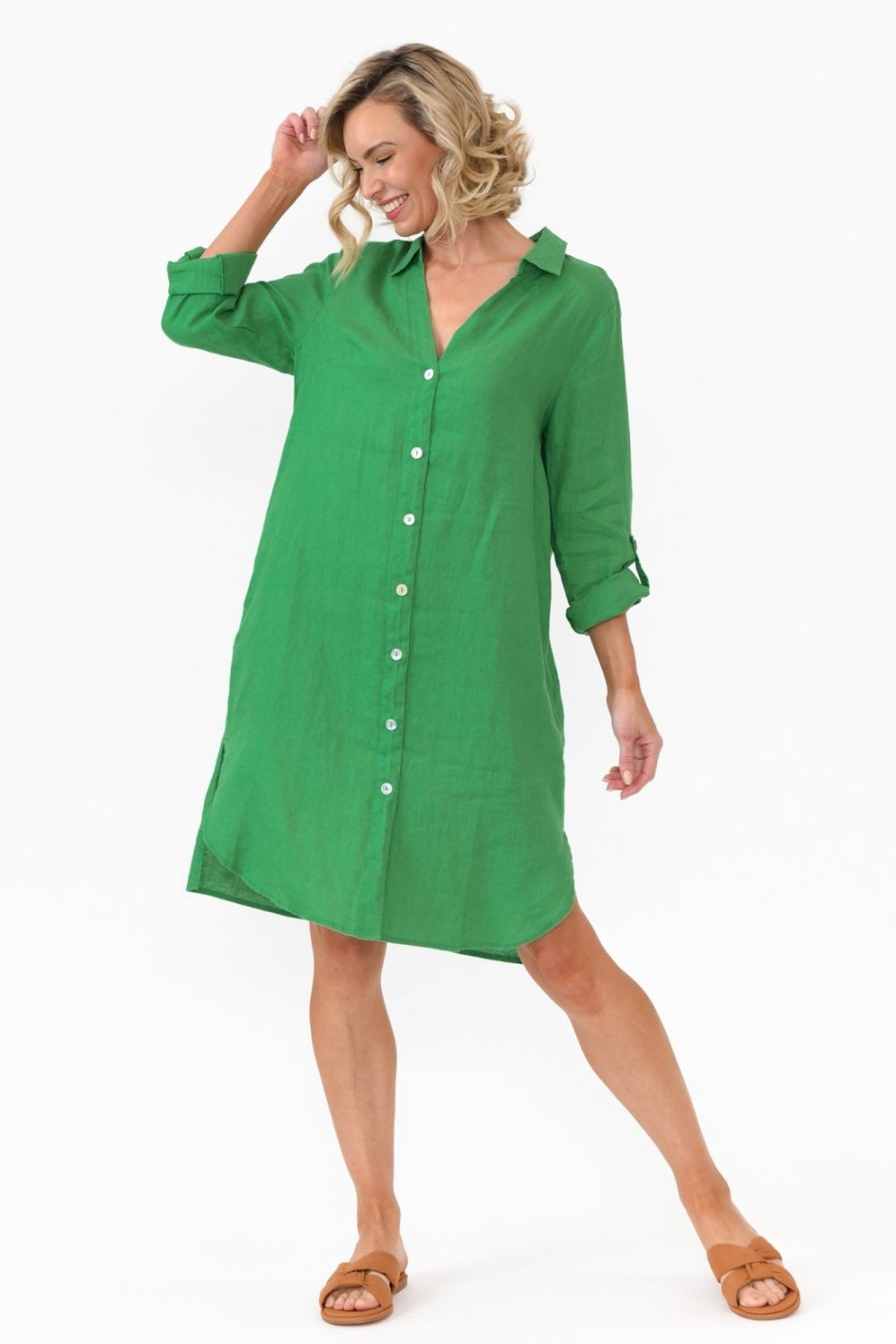 Clothing Gordon Smith Linen Dresses | Dakota Green Linen Shirt Dress