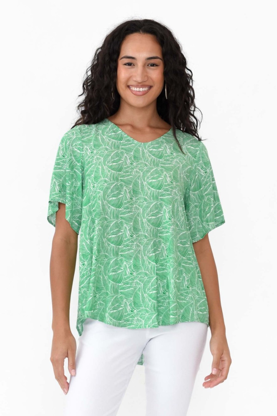 Clothing Willow Tree Linen Tops | Miles Green Leaf Linen Blend Top