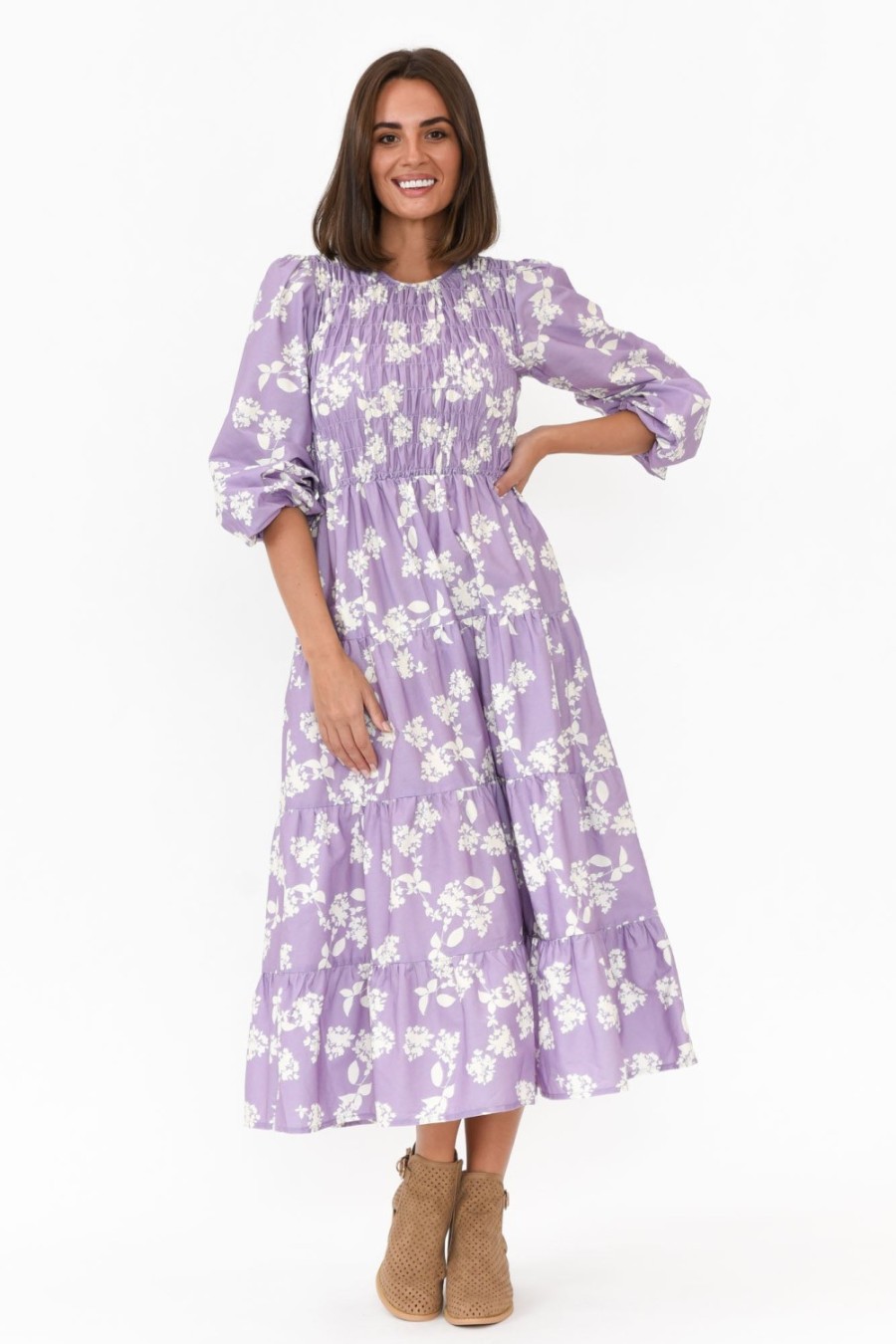 Clothing Dear Sutton Cotton Dresses | Fallon Lilac Floral Cotton Poplin Dress