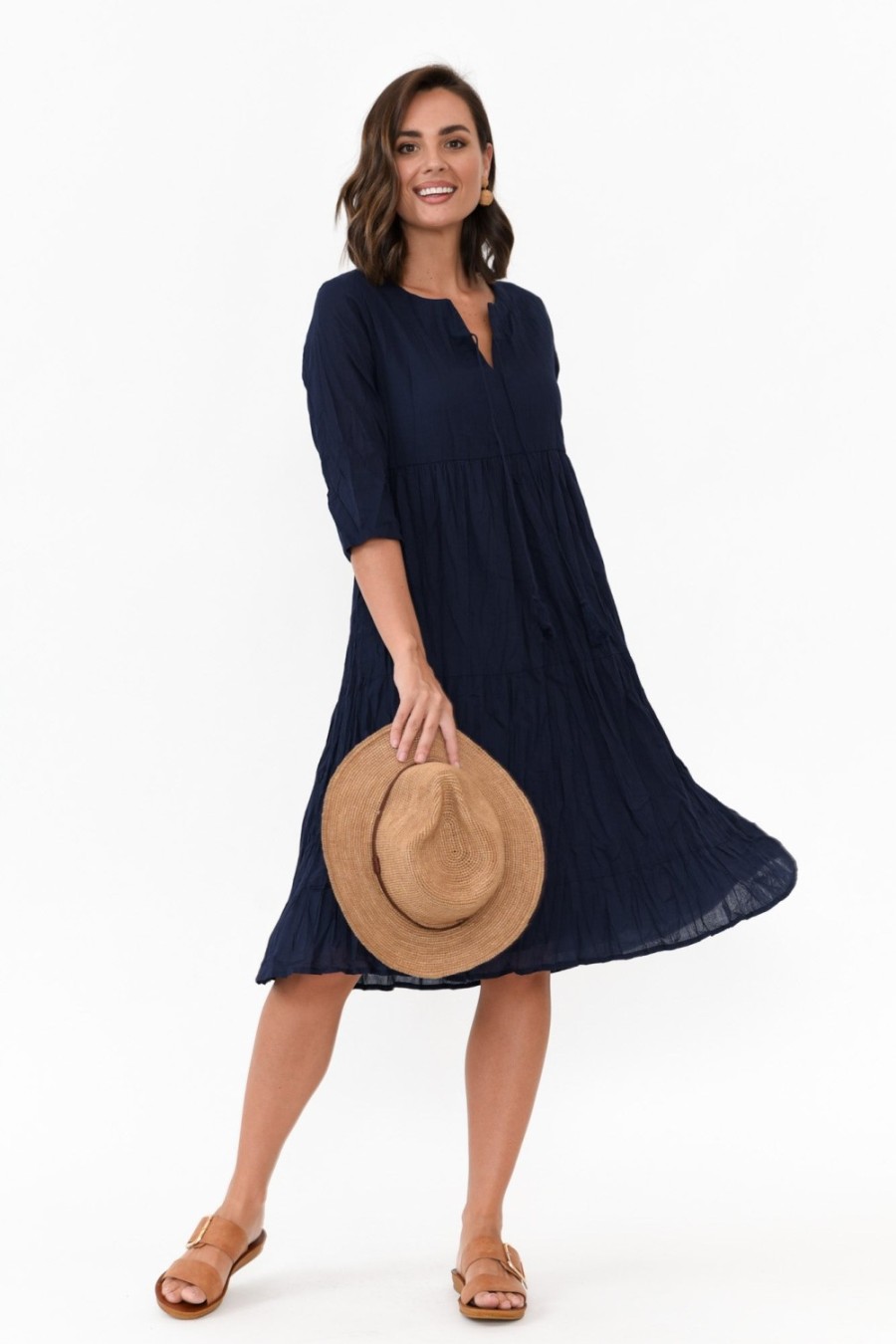 Clothing One Summer Cotton Dresses | Milana Navy Crinkle Cotton Dress