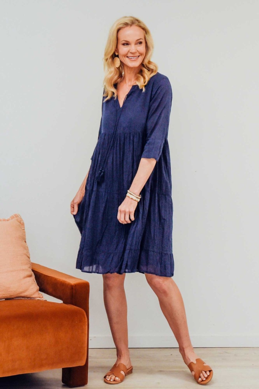 Clothing One Summer Cotton Dresses | Milana Navy Crinkle Cotton Dress