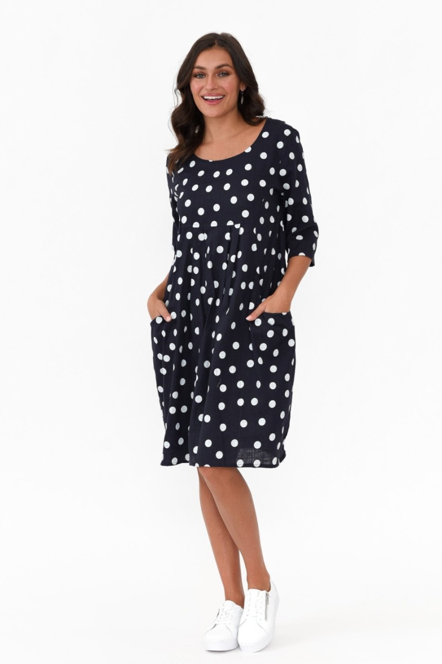 Clothing Hourglass Linen Dresses | Myley Navy Dot Linen Cotton Dress