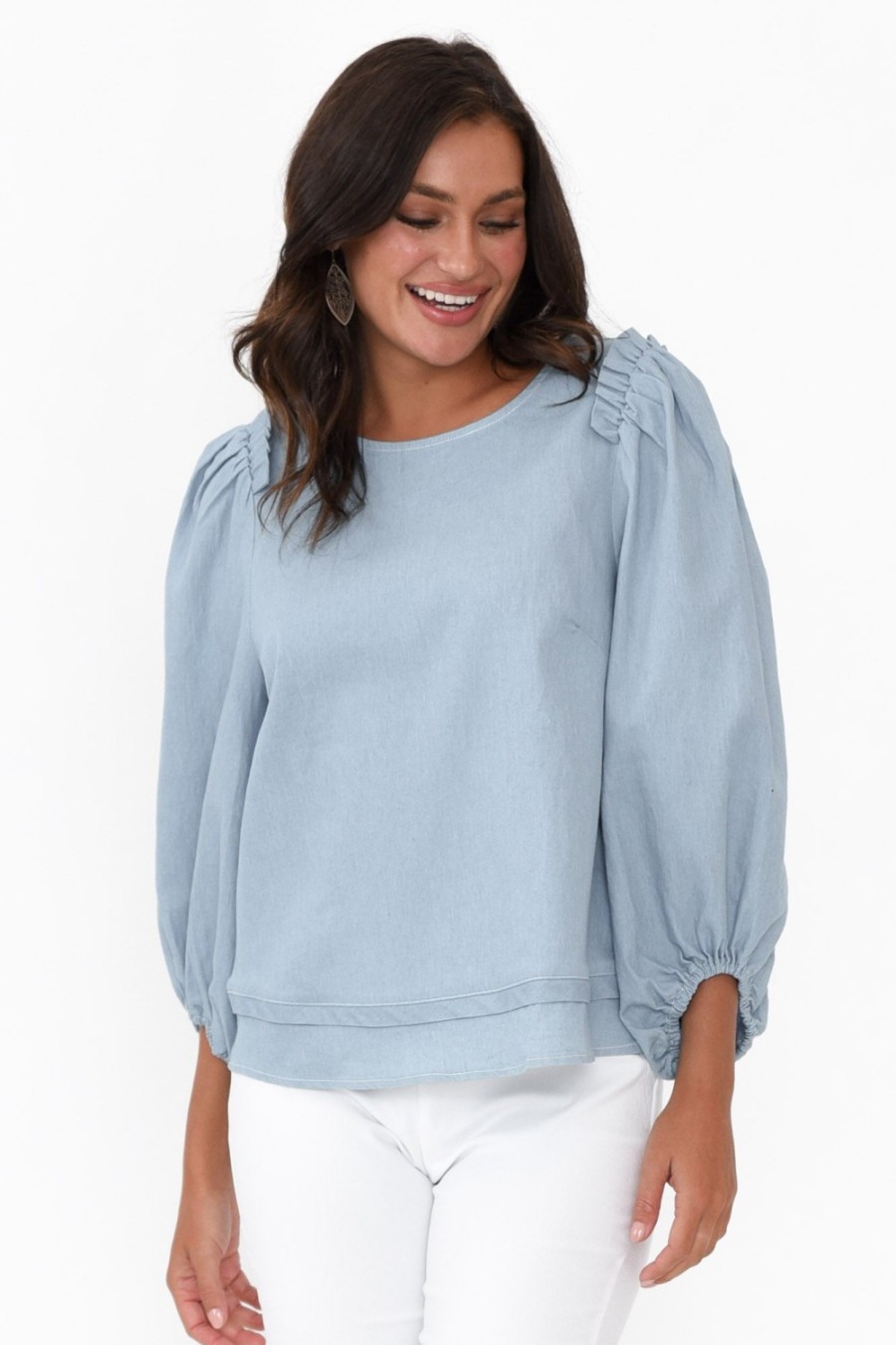 Clothing Cali and Co Cotton Tops | Ferguson Light Blue Cotton Blend Frill Top