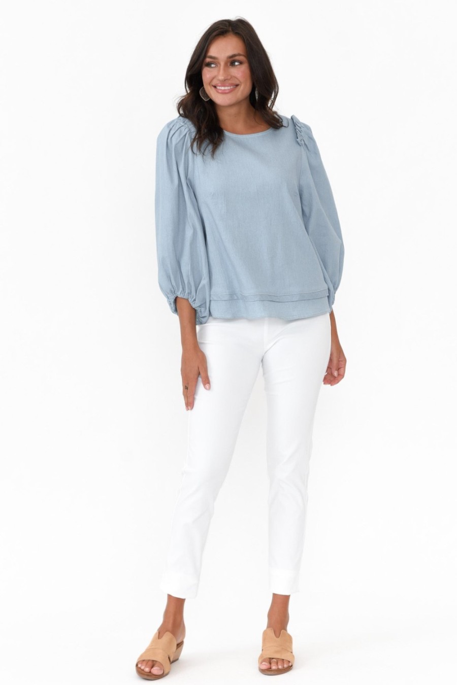 Clothing Cali and Co Cotton Tops | Ferguson Light Blue Cotton Blend Frill Top