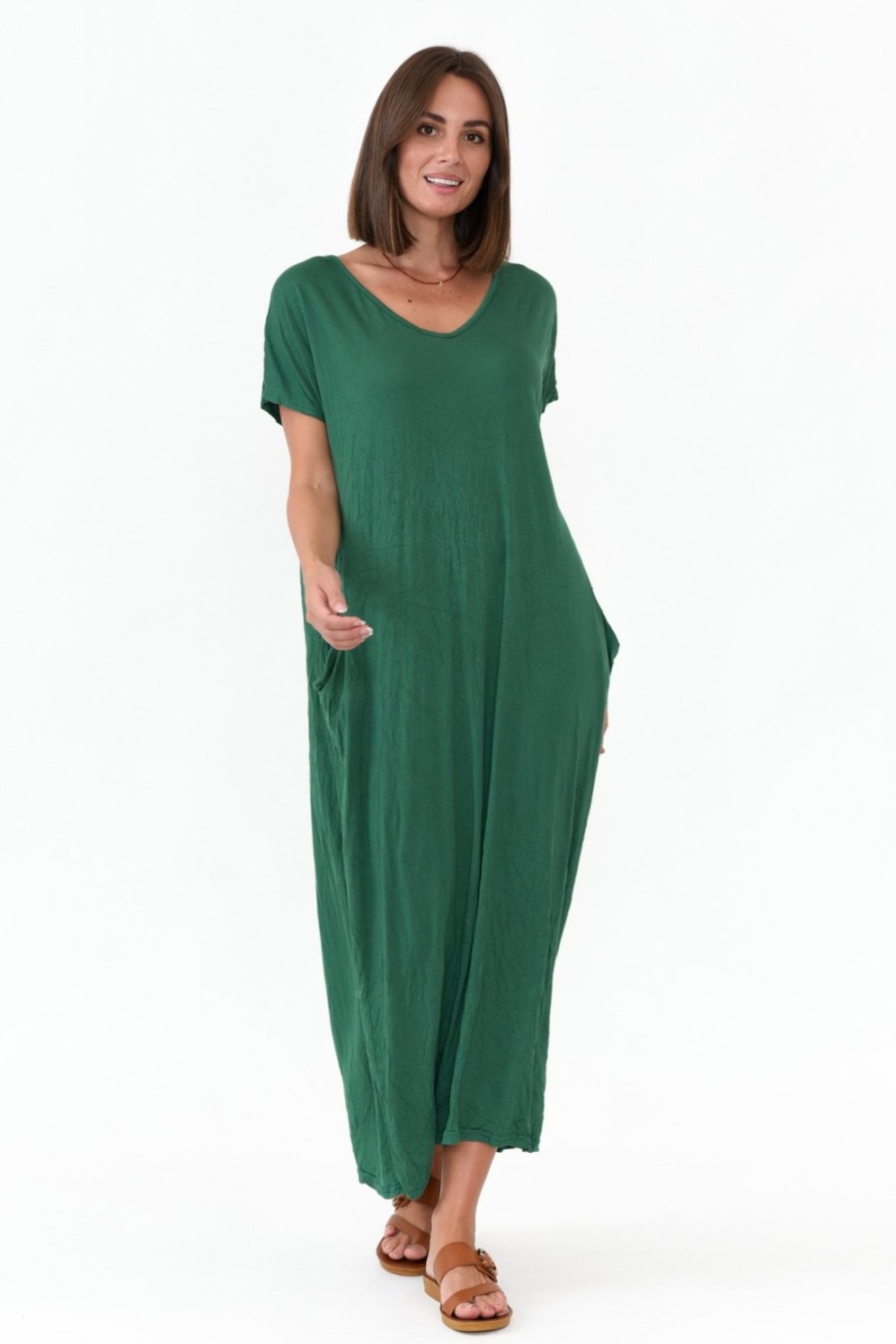 Clothing Cotton Village Cotton Dresses | Emerald Pocket Crinkle Cotton Draped Dress