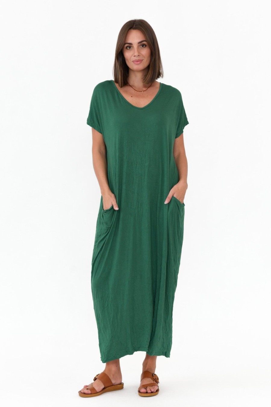 Clothing Cotton Village Cotton Dresses | Emerald Pocket Crinkle Cotton Draped Dress