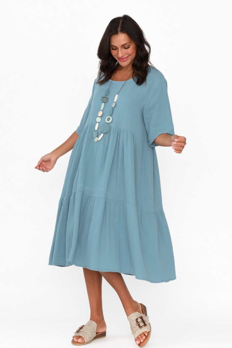 Clothing La Mode Cotton Dresses | Esmerelda Blue Cotton Tier Dress