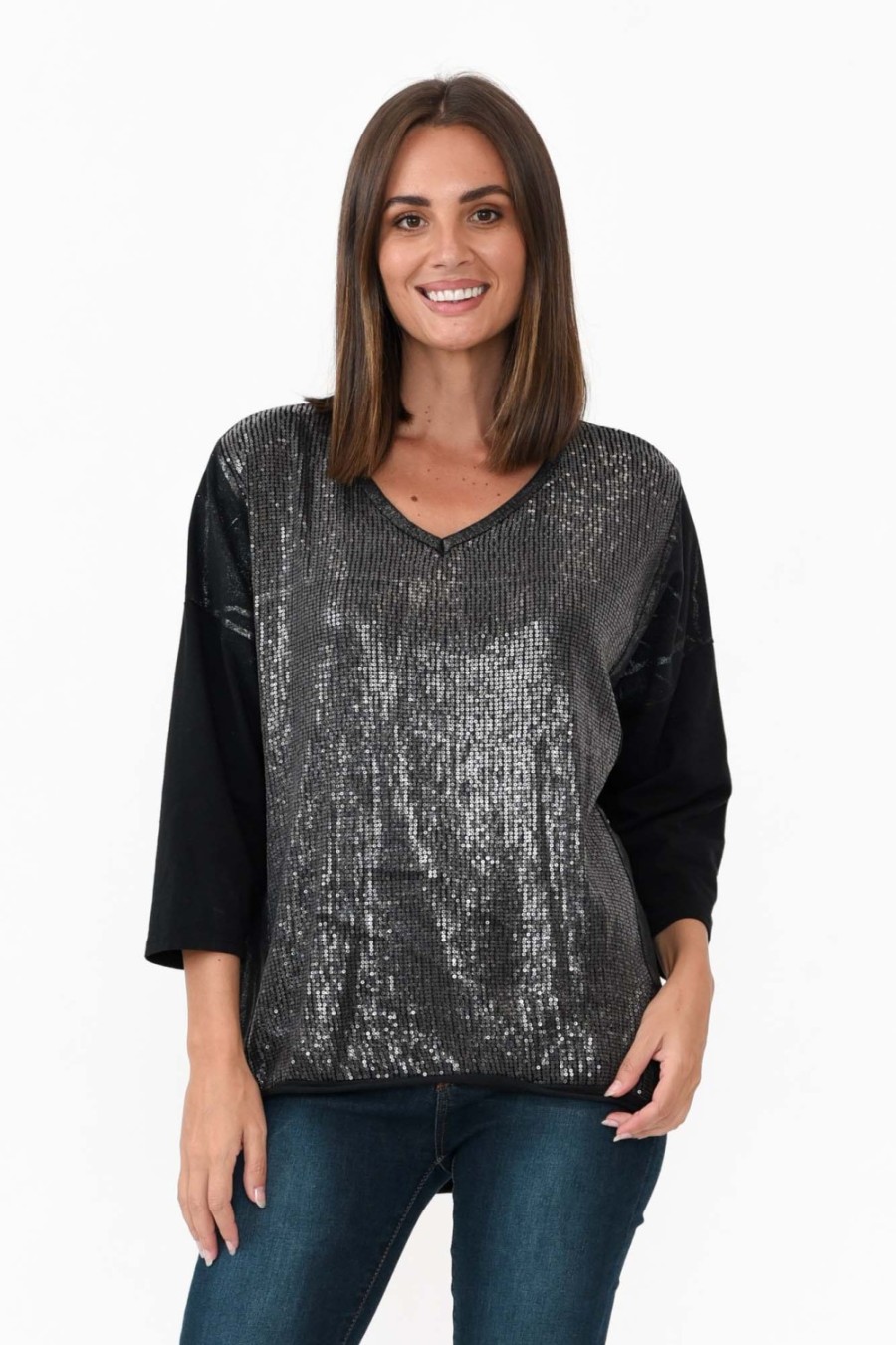 Clothing La Strada Cotton Tops | Willard Black Cotton Sequin Top