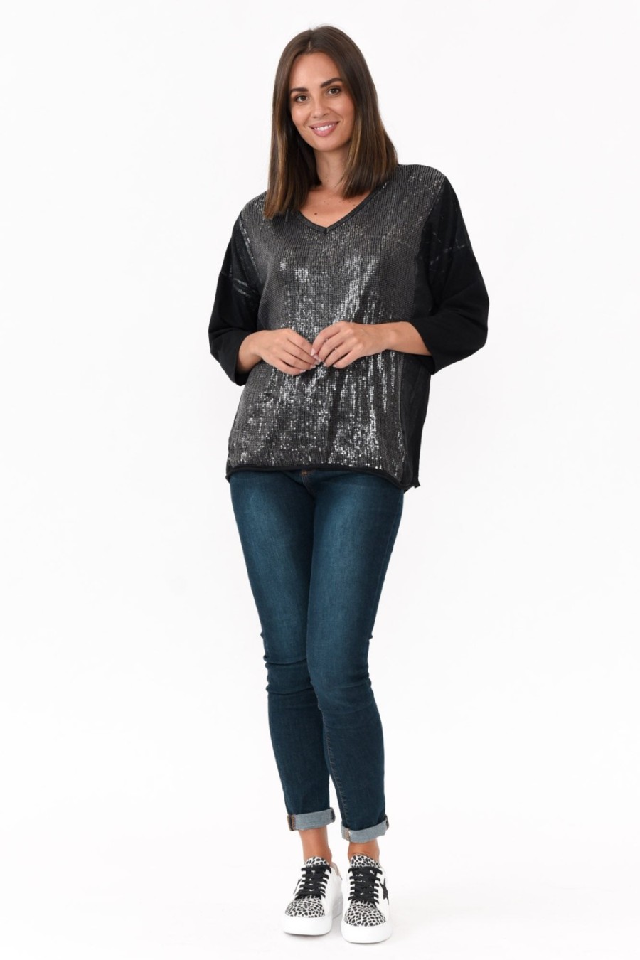 Clothing La Strada Cotton Tops | Willard Black Cotton Sequin Top