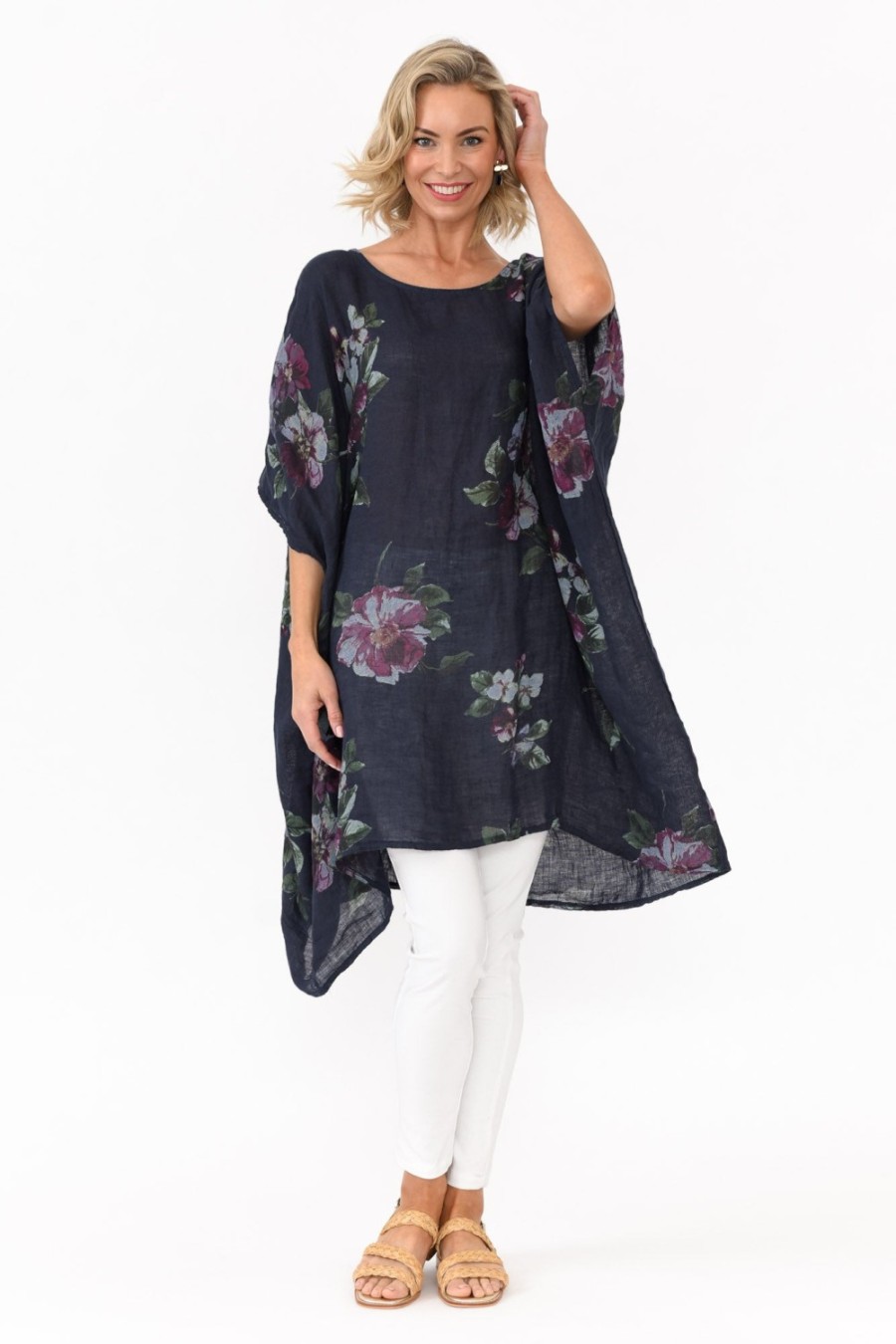 Clothing Donna Donna Linen Tops | Noemi Navy Floral Linen Kaftan Tunic