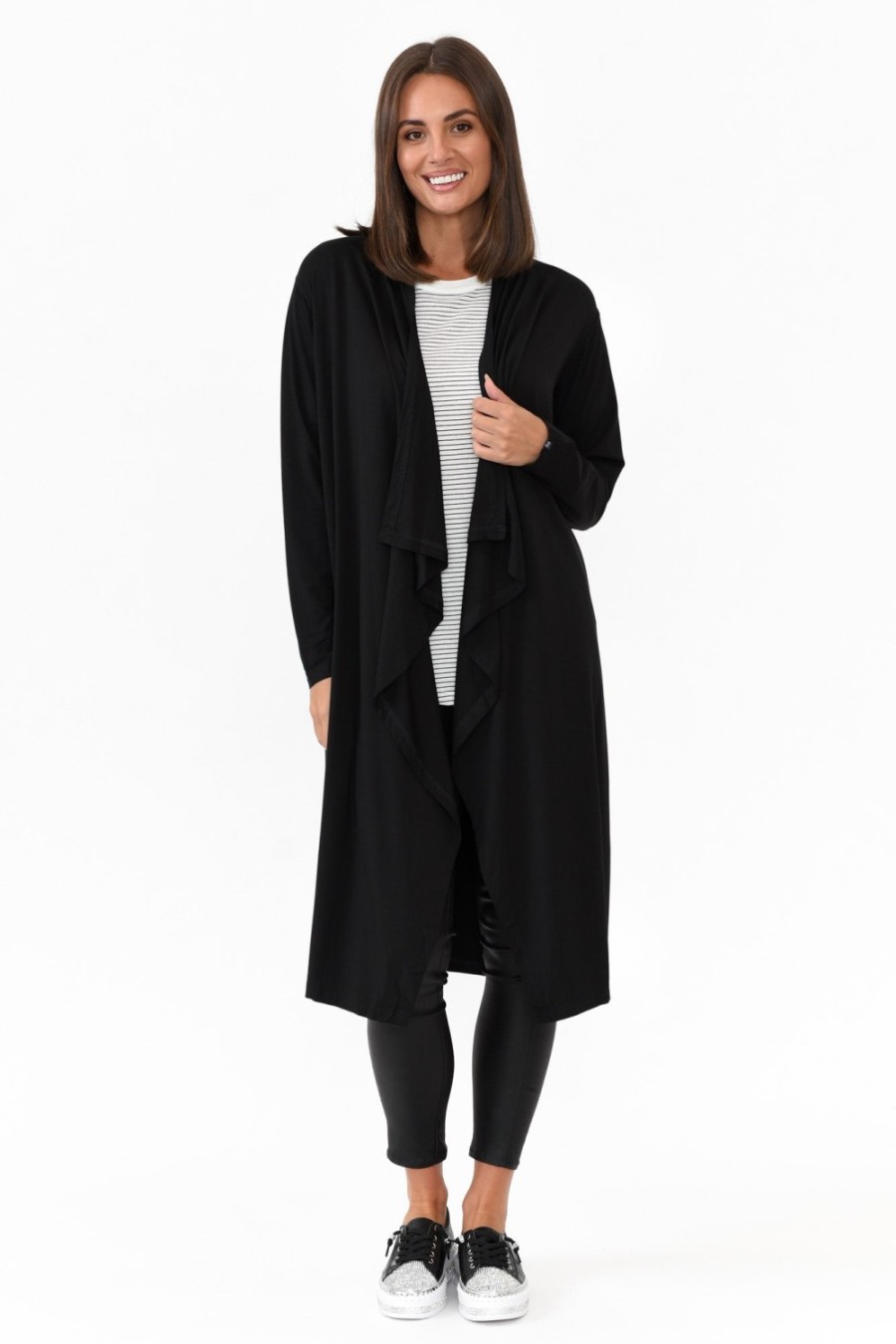 Clothing PQ Cardigans | Leanna Black Bamboo Waterfall Cardigan