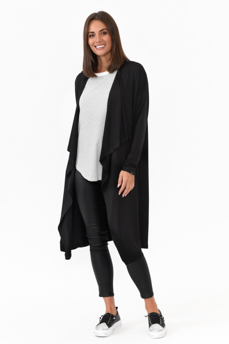 Clothing PQ Cardigans | Leanna Black Bamboo Waterfall Cardigan