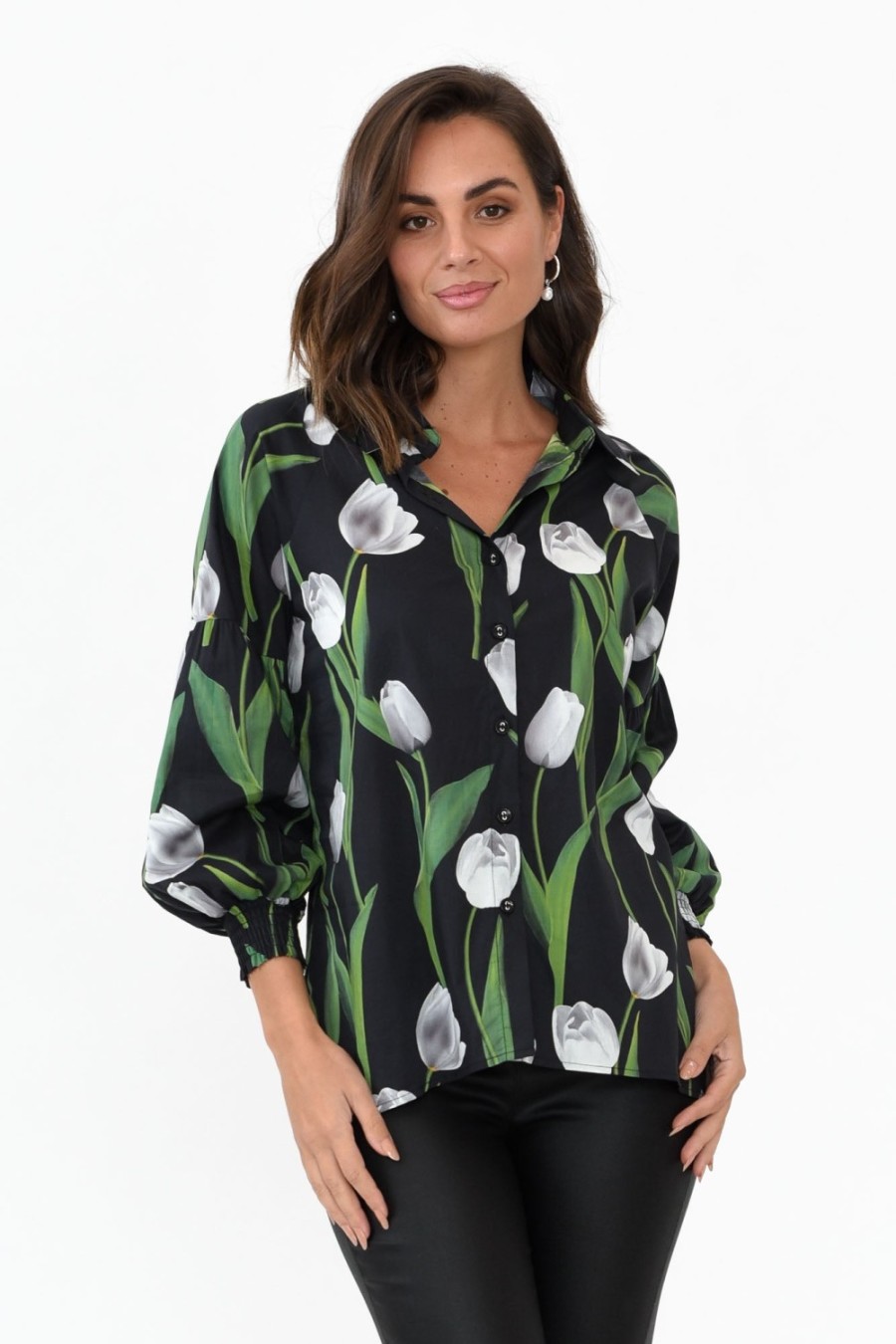 Clothing Liberty Rose Cotton Tops | Zari Black Tulip Cotton Shirt