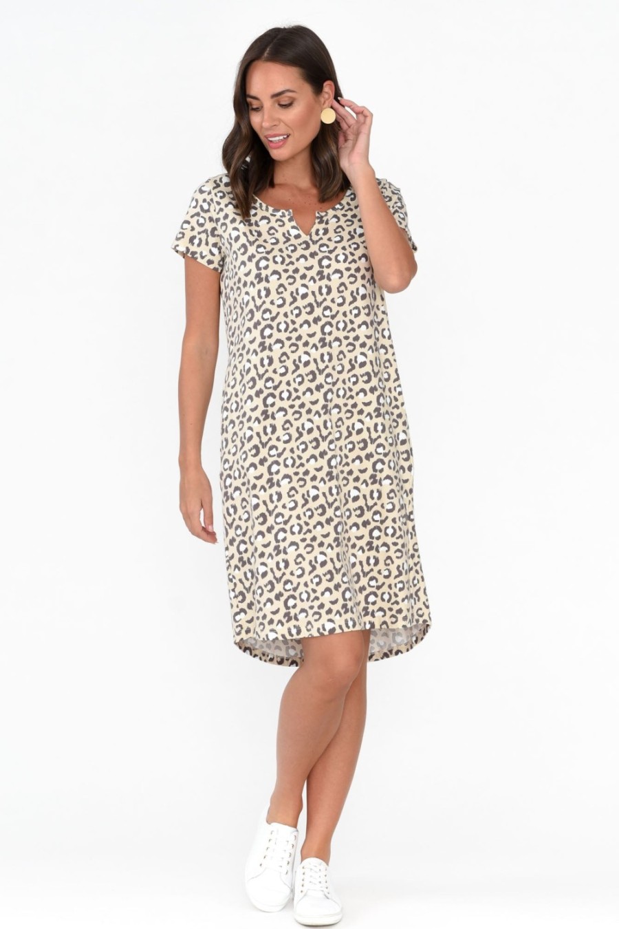 Clothing One Ten Willow Cotton Dresses | Mandy Brown Leopard Cotton Tee Dress