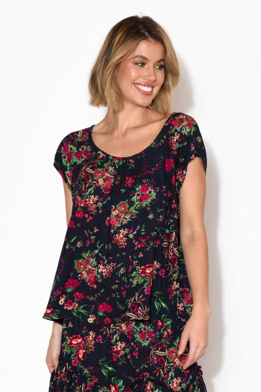 Clothing Red Lotus Sleeved Tops | Aurora Navy Rose Short Sleeve Top