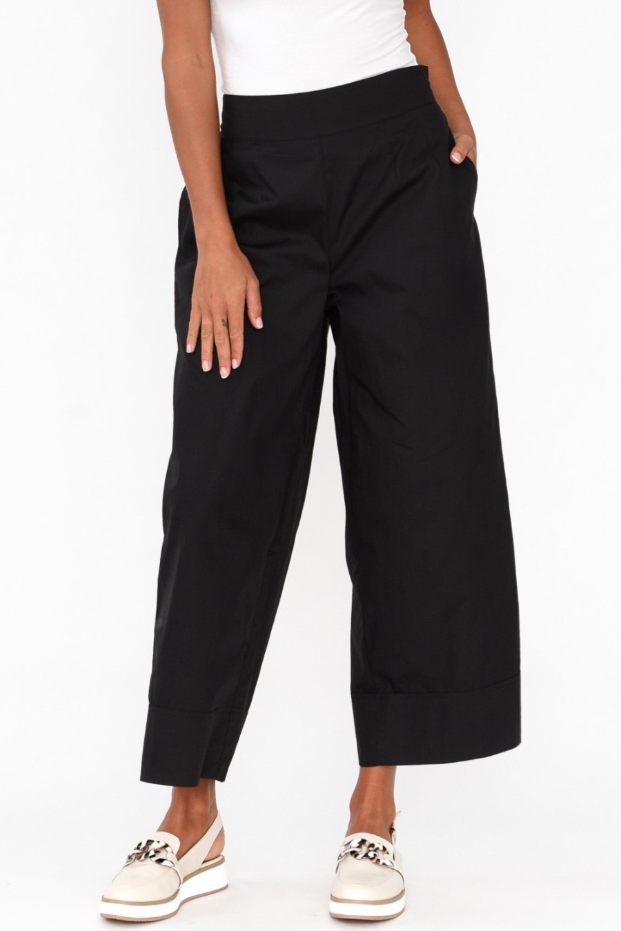 Clothing Tirelli Pants | Bradie Black Cotton Wide Leg Pant