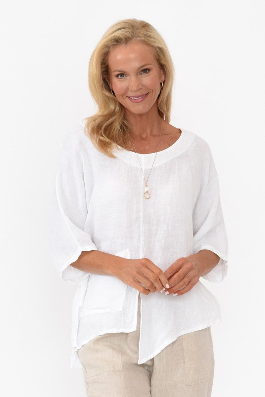 Clothing Talia Benson Linen Tops | Kara White Linen Top