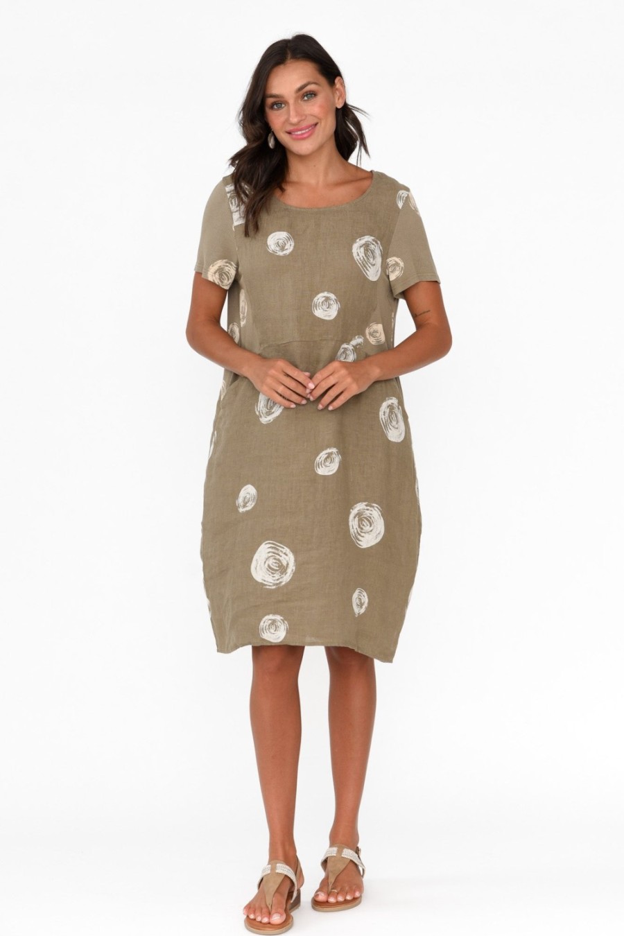 Clothing Cali and Co Linen Dresses | Sawyer Khaki Spot Linen Pocket Dress