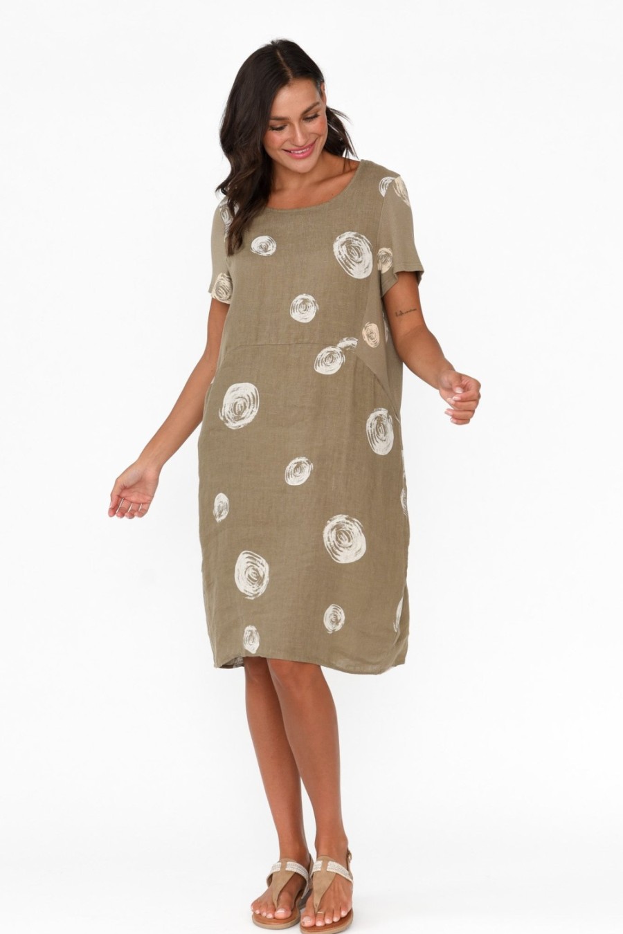 Clothing Cali and Co Linen Dresses | Sawyer Khaki Spot Linen Pocket Dress