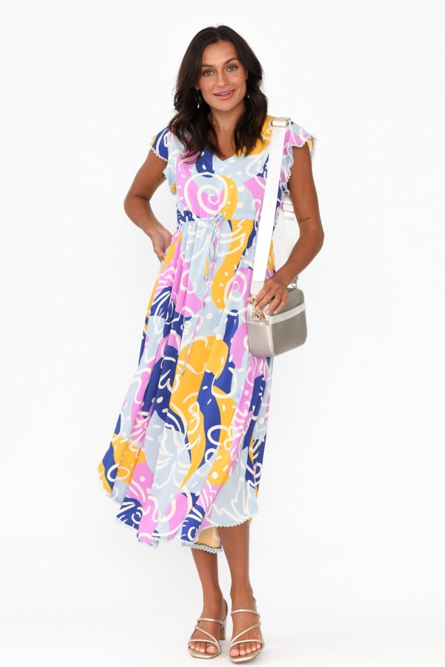 Clothing New U Collection Midi Dresses | Libby Blue Abstract Midi Dress