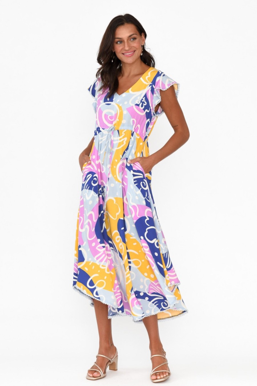 Clothing New U Collection Midi Dresses | Libby Blue Abstract Midi Dress