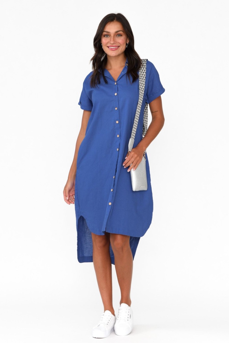 Clothing Cali and Co Linen Dresses | Mareli Cobalt Linen Blend Dress