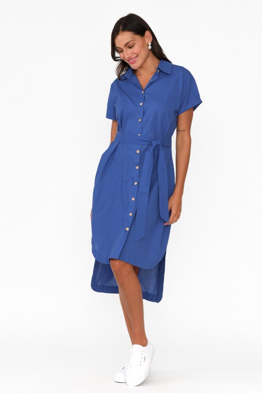 Clothing Cali and Co Linen Dresses | Mareli Cobalt Linen Blend Dress