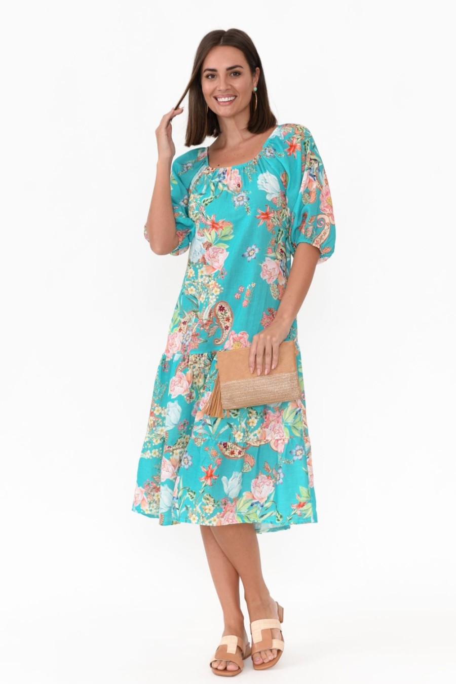 Clothing Fabuler Linen Dresses | Vogue Turquoise Paisley Linen Tier Dress