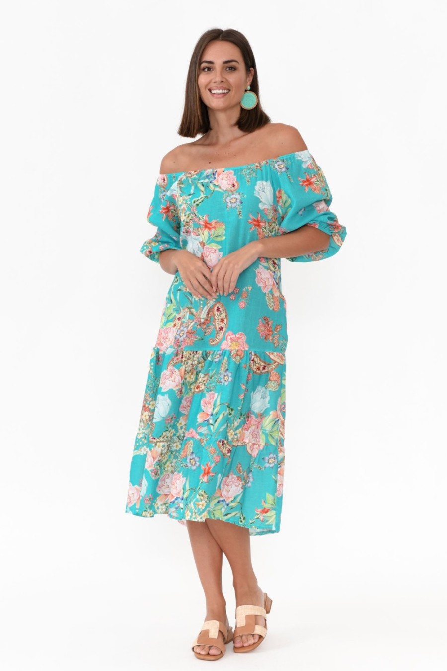 Clothing Fabuler Linen Dresses | Vogue Turquoise Paisley Linen Tier Dress