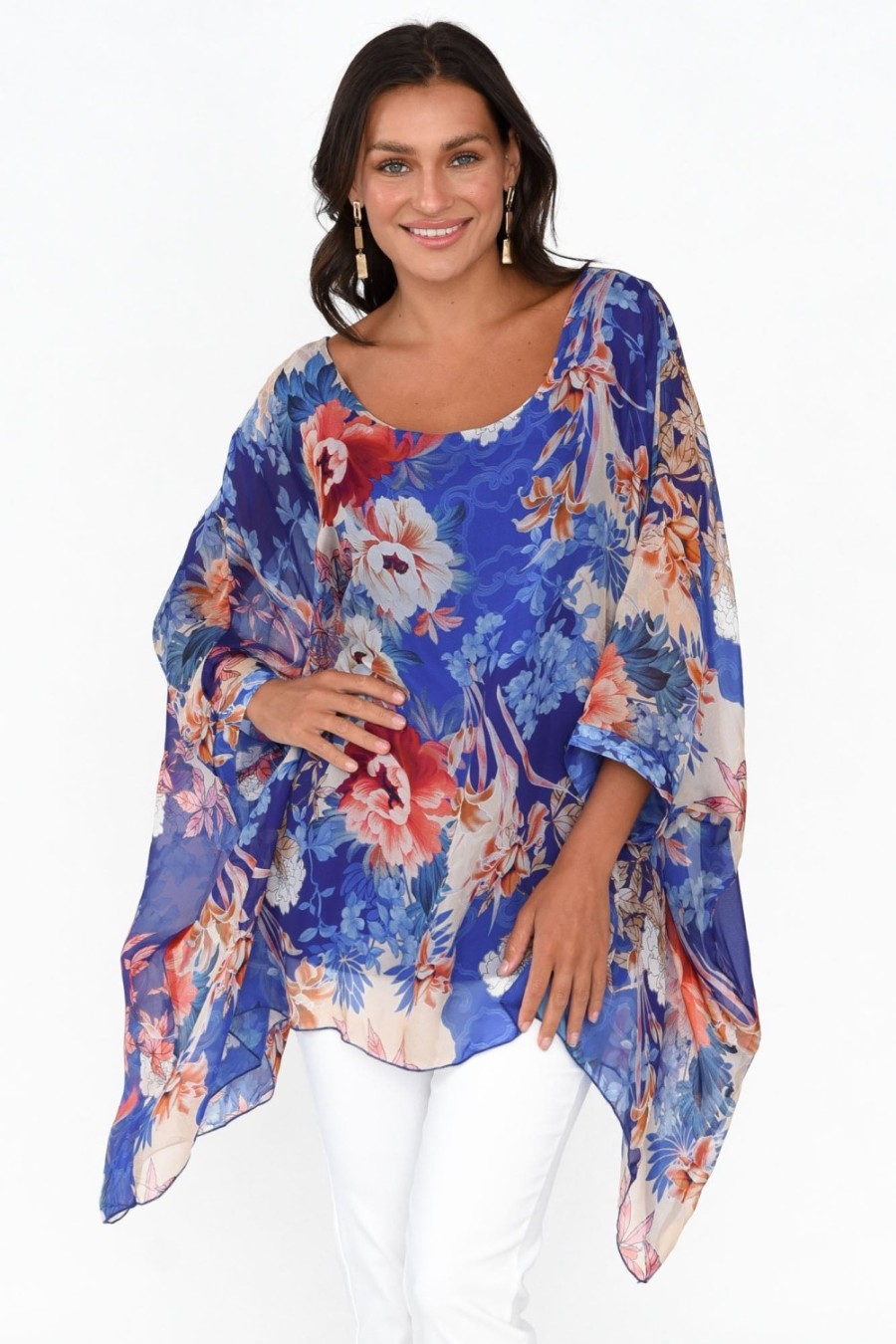 Clothing AE Luxe Tunic Tops | Wisteria Cobalt Floral Silk Layer Top