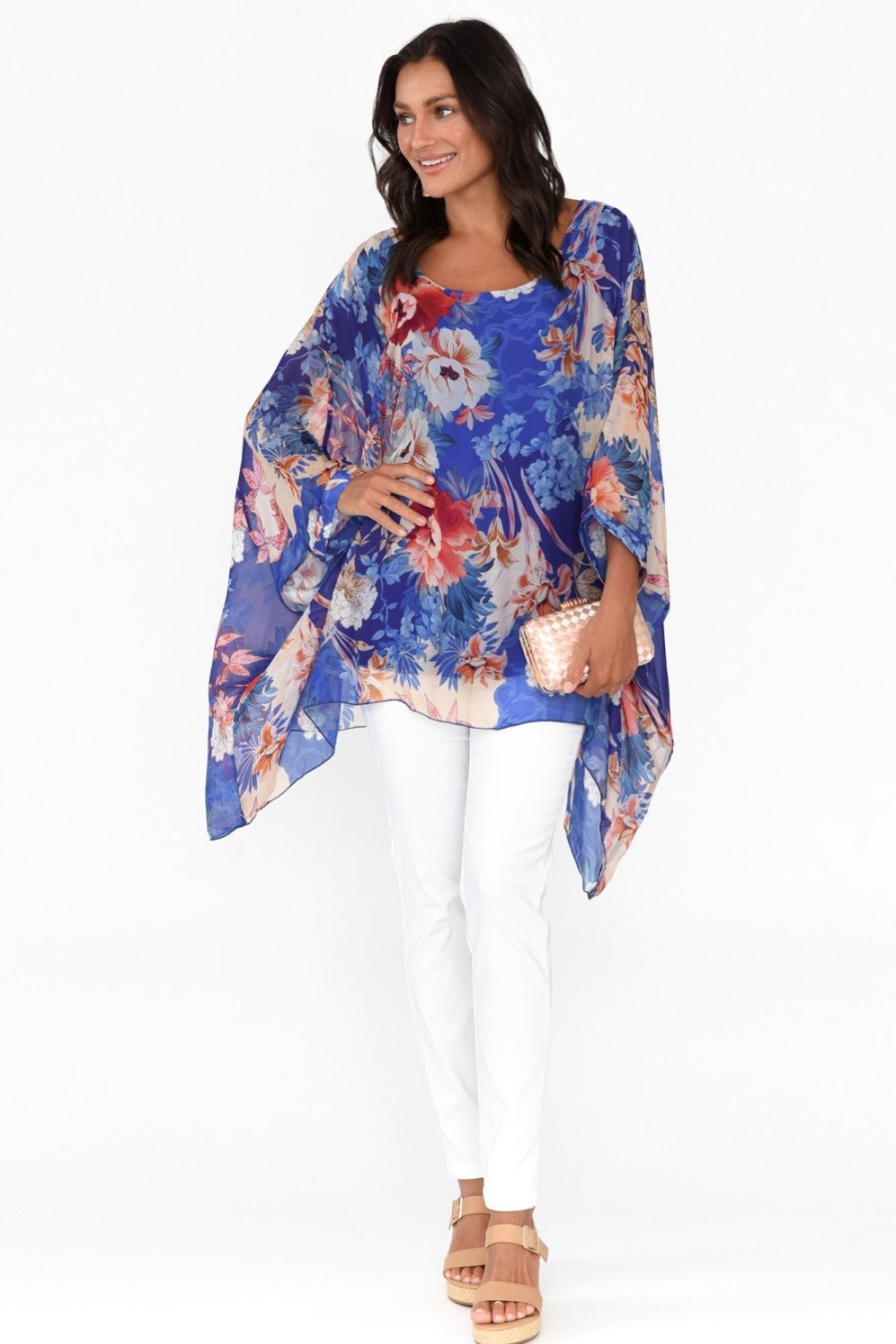 Clothing AE Luxe Tunic Tops | Wisteria Cobalt Floral Silk Layer Top