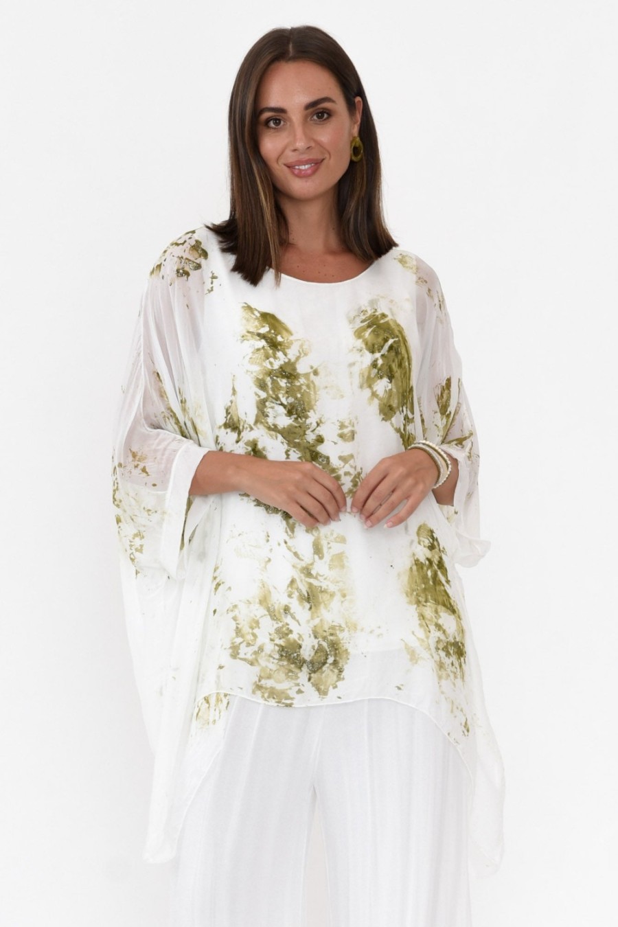 Clothing Donna Donna Sleeved Tops | Jill Khaki Watercolour Silk Layer Top