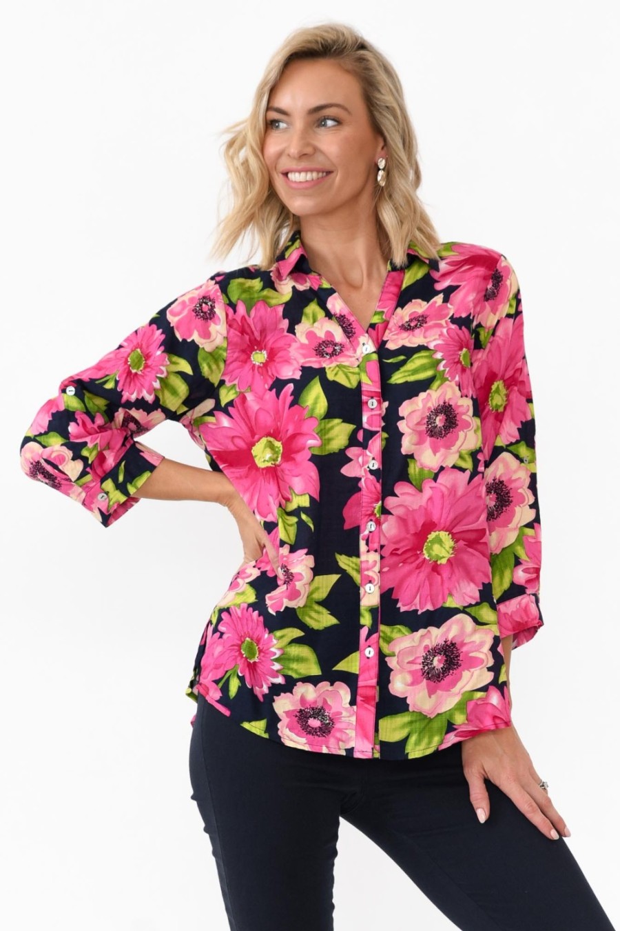 Clothing Willow Tree Shirts | Tabitha Navy Blossom Collared Shirt