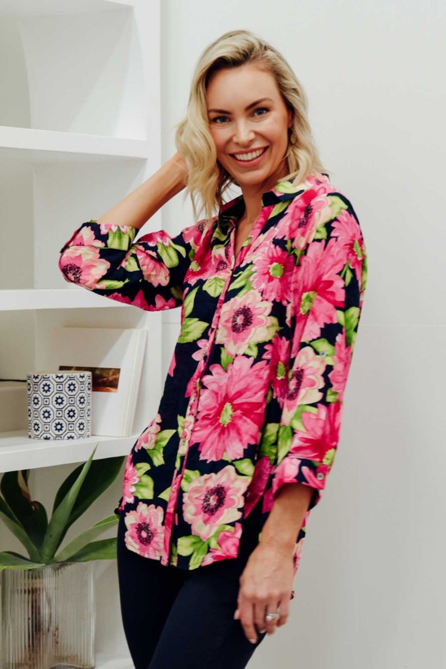 Clothing Willow Tree Shirts | Tabitha Navy Blossom Collared Shirt