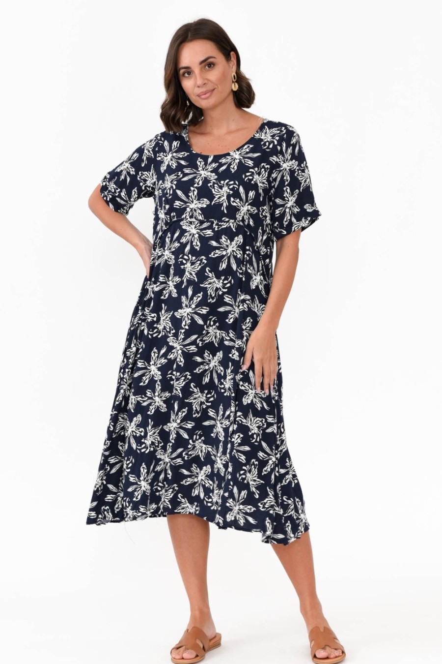 Clothing Willow Tree Below Knee Dresses | Roberta Navy Flower Midi Dress