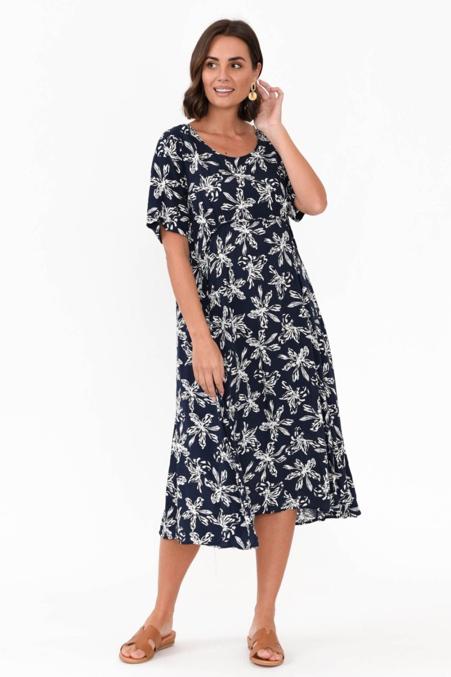 Clothing Willow Tree Below Knee Dresses | Roberta Navy Flower Midi Dress