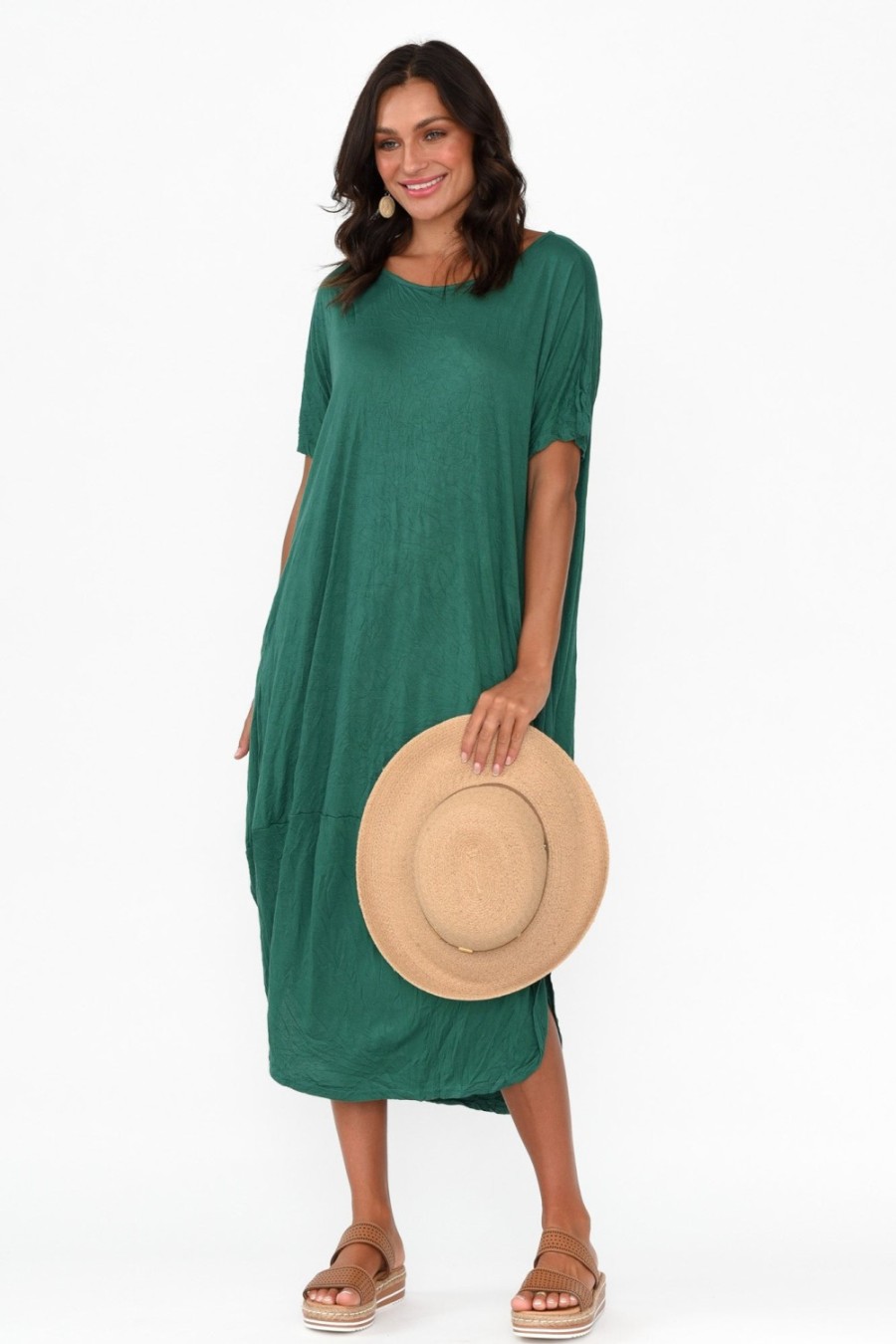 Clothing Cotton Village Cotton Dresses | Clemmie Emerald Crinkle Cotton Dress