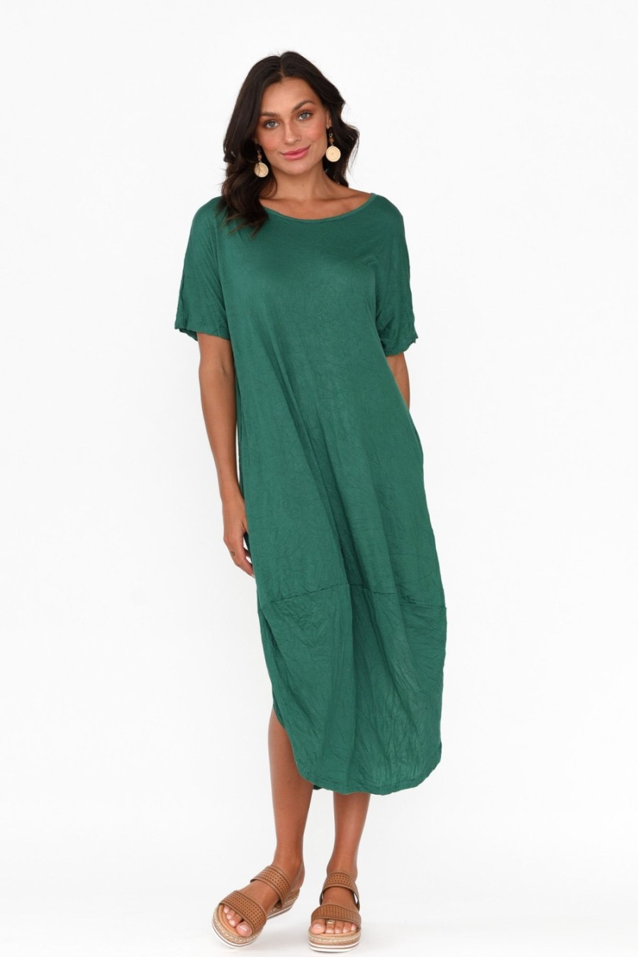 Clothing Cotton Village Cotton Dresses | Clemmie Emerald Crinkle Cotton Dress