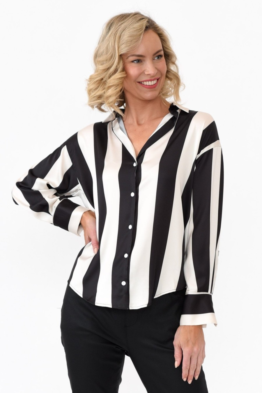 Clothing Slate the Label Shirts | Rosita Black Stripe Satin Collared Shirt