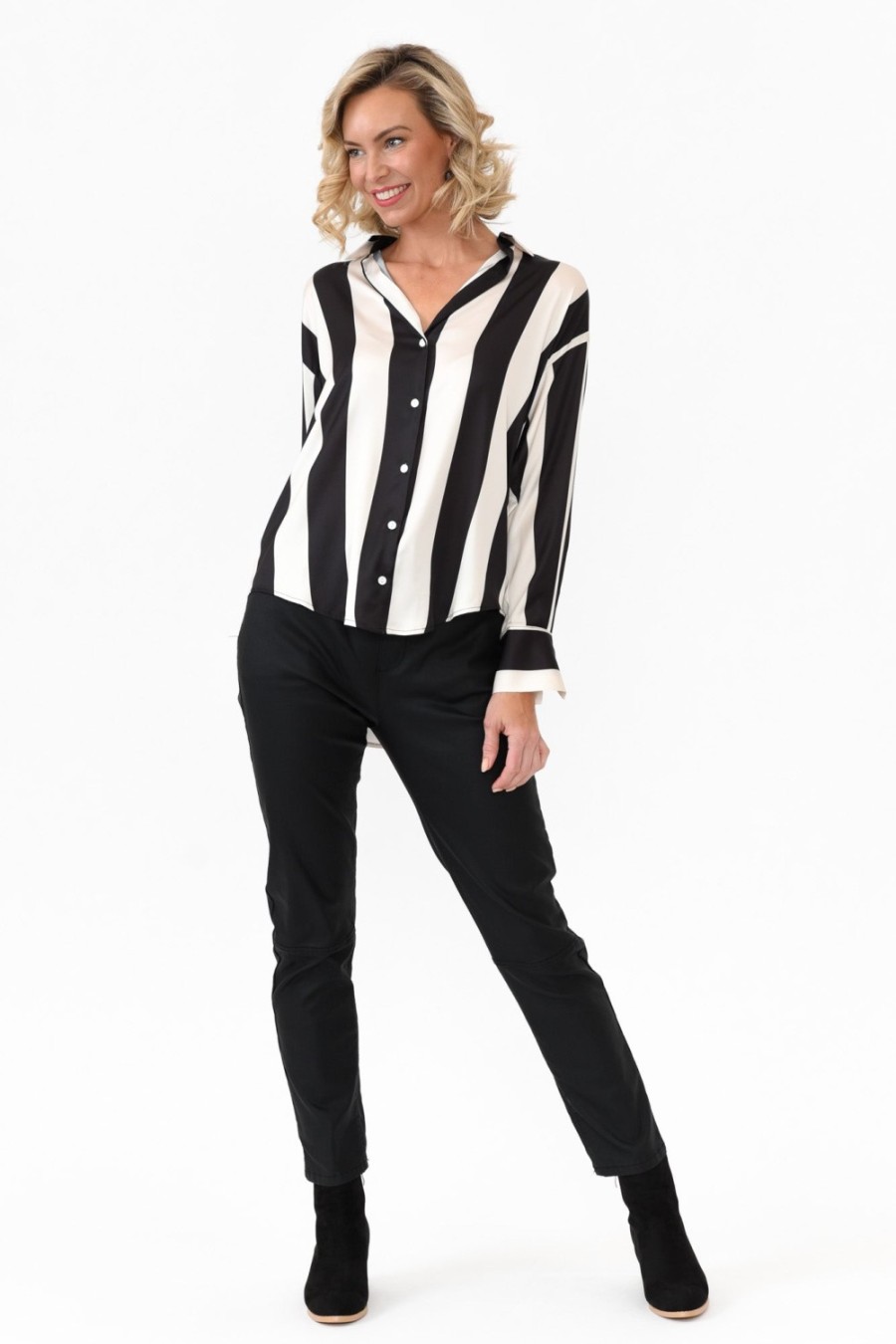 Clothing Slate the Label Shirts | Rosita Black Stripe Satin Collared Shirt