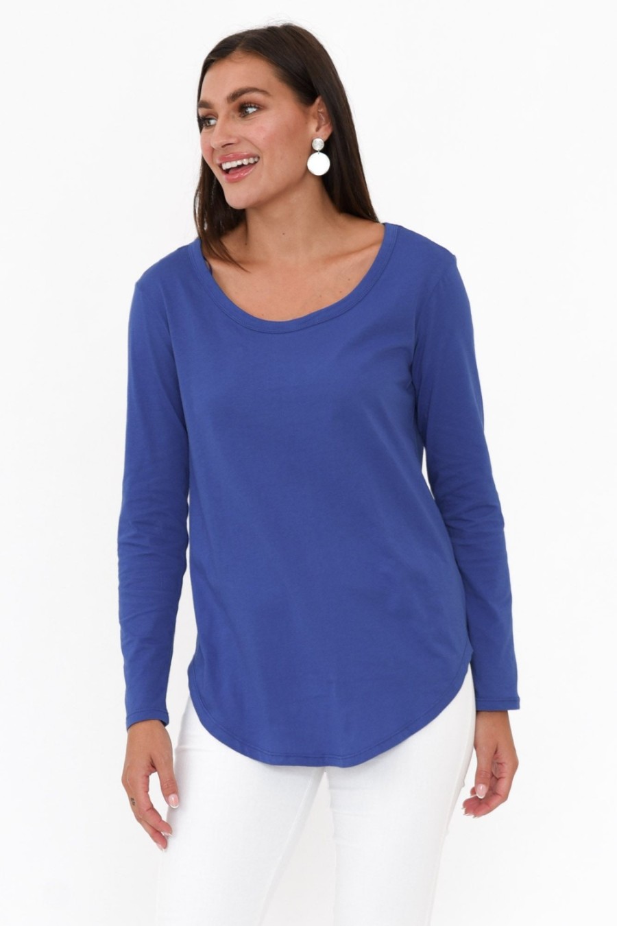 Clothing Betty Basics Cotton Tops | Megan Cobalt Cotton Long Sleeve Top