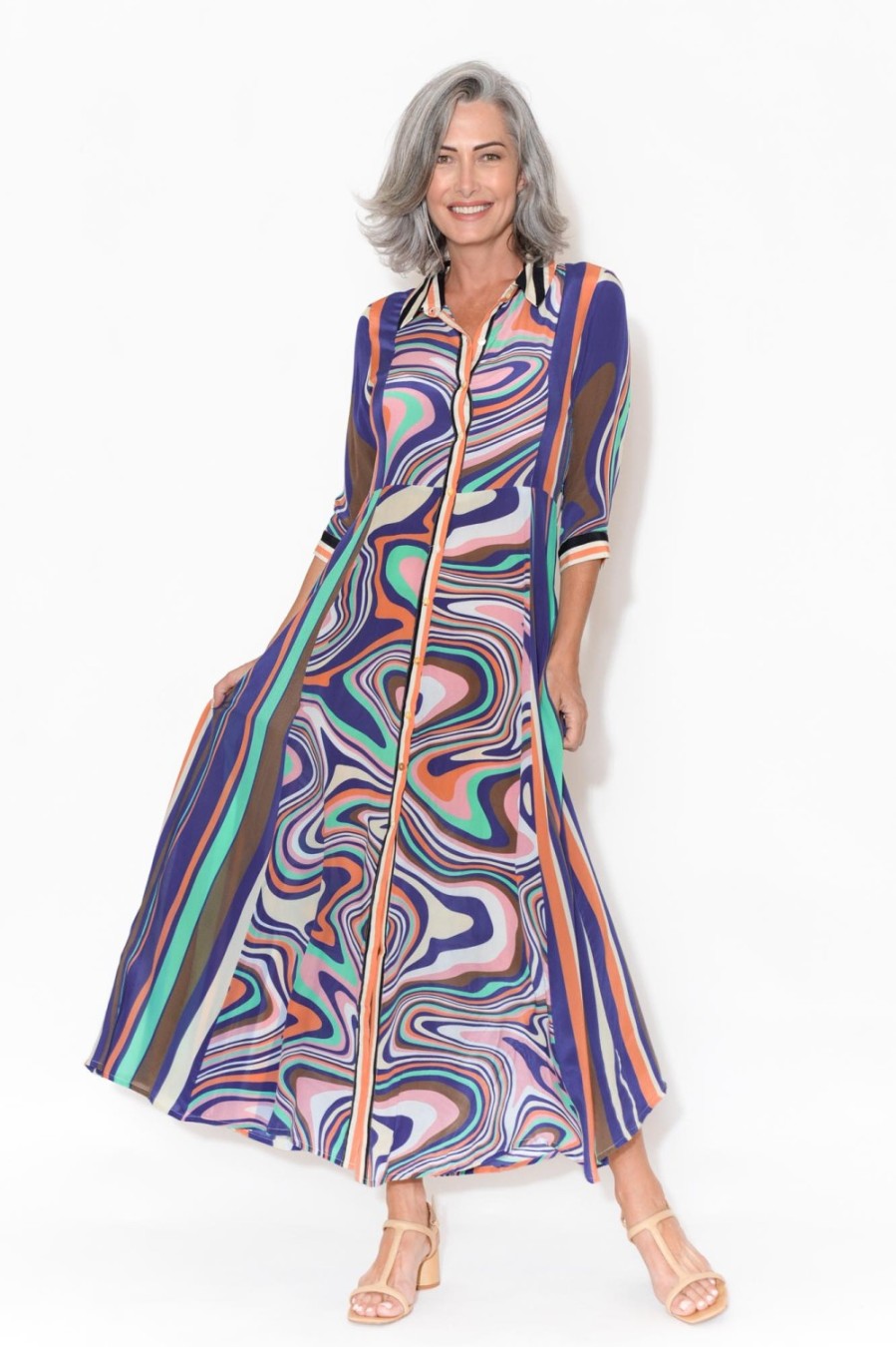 Clothing Inoa Maxi Dresses | Freya Cobalt Ripple Silk Shirt Dress