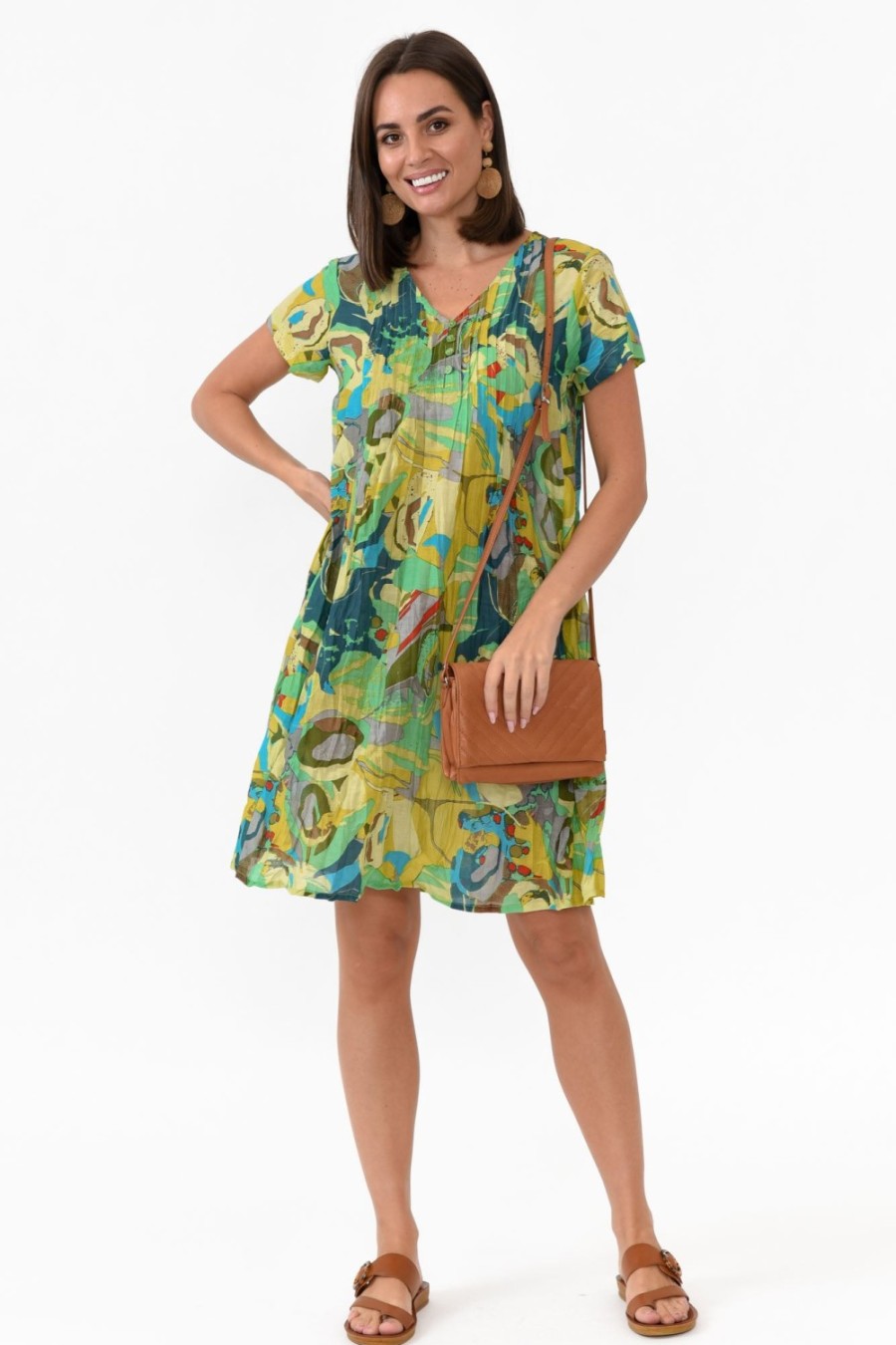 Clothing One Summer Above Knee Dresses | Sabina Green Poppy Crinkle Cotton Dress