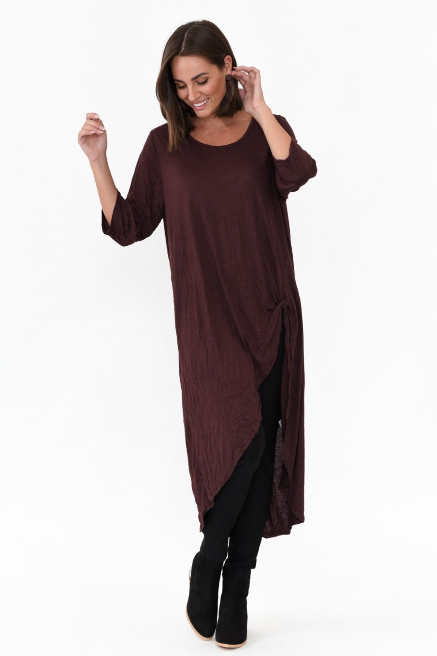 Clothing Cotton Village Cotton Tops | Chocolate Crinkle Cotton Asymmetric Tunic