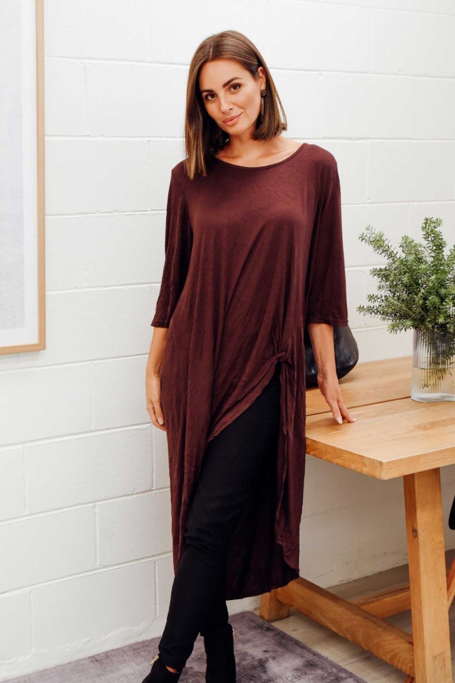 Clothing Cotton Village Cotton Tops | Chocolate Crinkle Cotton Asymmetric Tunic