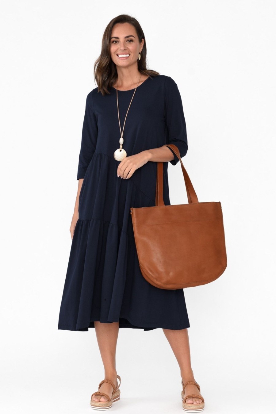 Clothing Tirelli Cotton Dresses | Masie Deep Navy Diagonal Gathered Dress