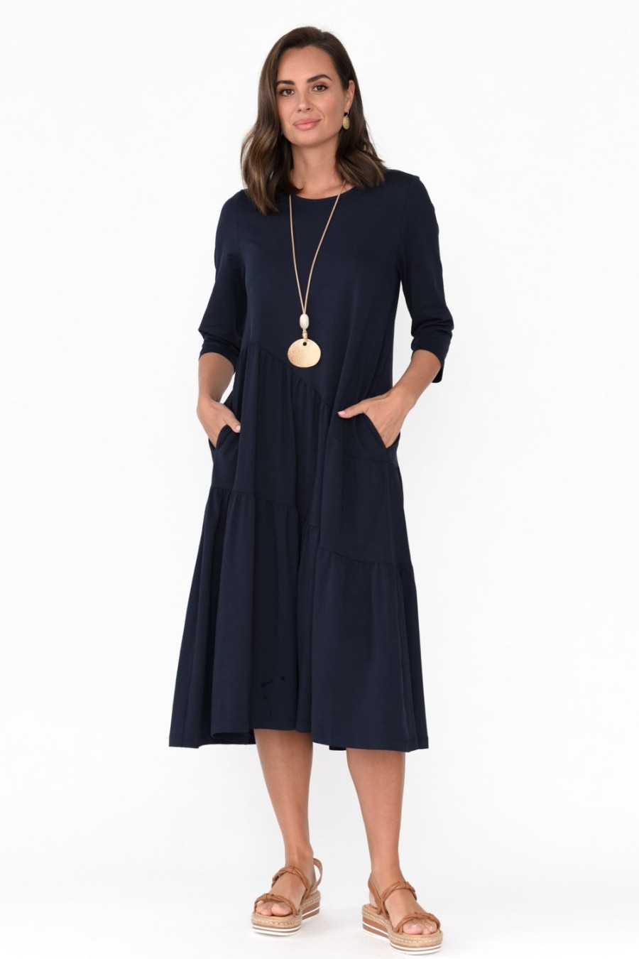 Clothing Tirelli Cotton Dresses | Masie Deep Navy Diagonal Gathered Dress